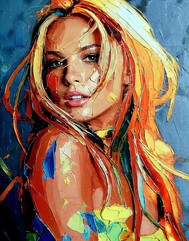 Blonde, Turning — a palette-knife portrait in orange and blue