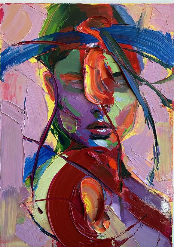 Blue Ribbon — an abstract portrait with a blue brushstroke across the eyes