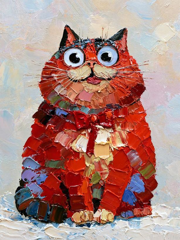 Small Red Emperor — a round red cat in thick palette-knife strokes
