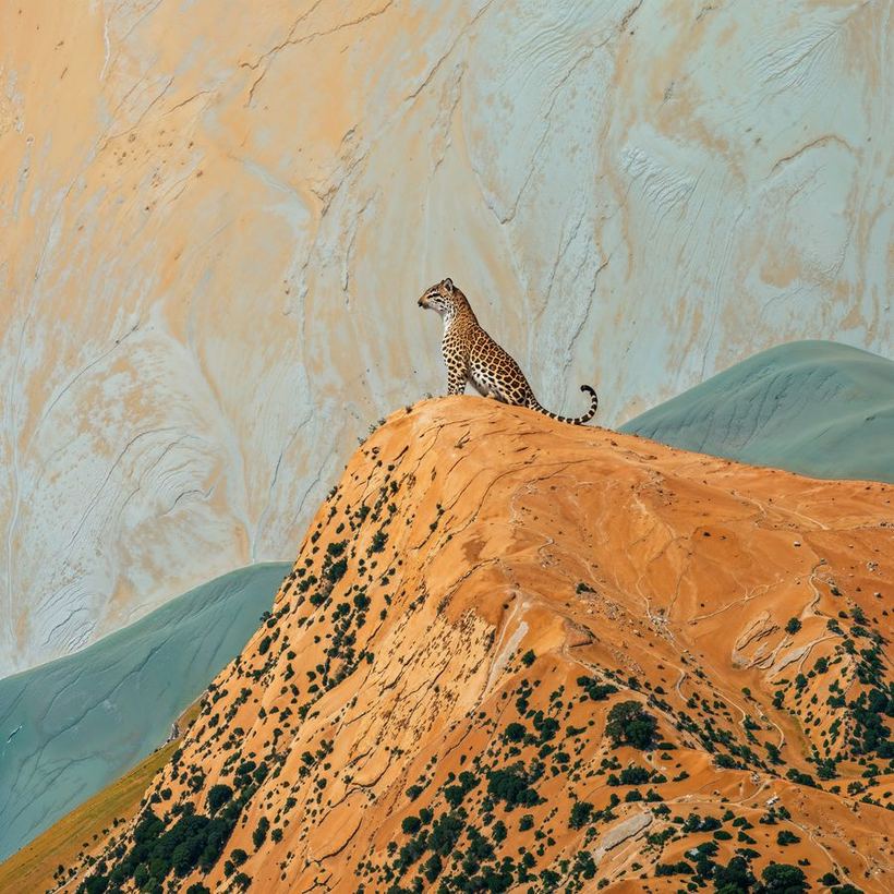 The Long View — a leopard alone at the top of a textured ochre hill