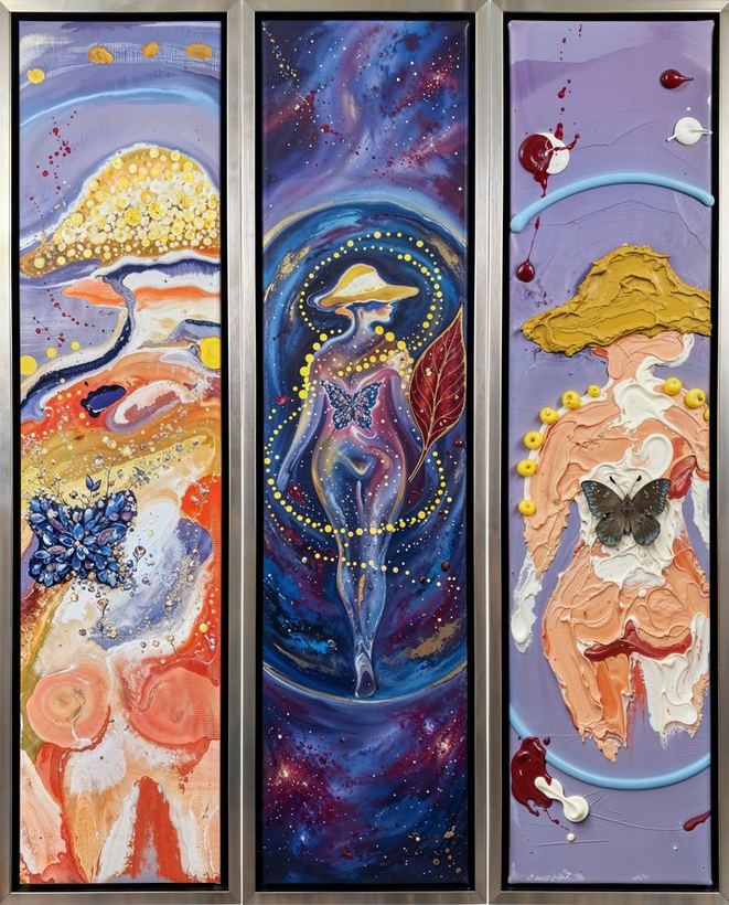 Three Wishes — a triptych of three tall panels in violet, gold and deep blue